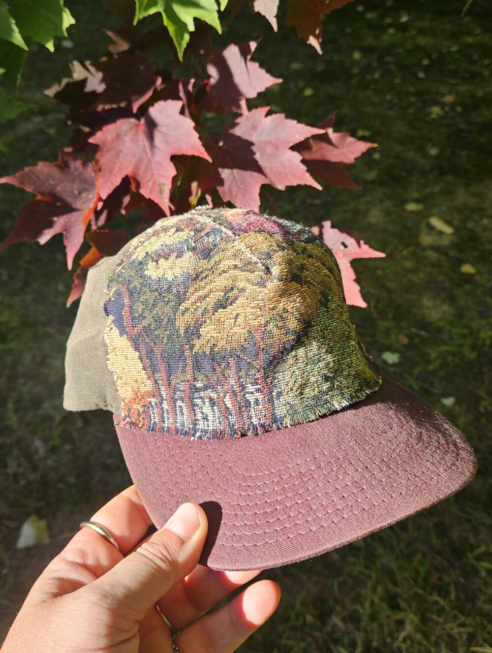 Gritty Boho Two Tone Brown Forest Floral Tapestry Print Upcycled Flat Bill Hat